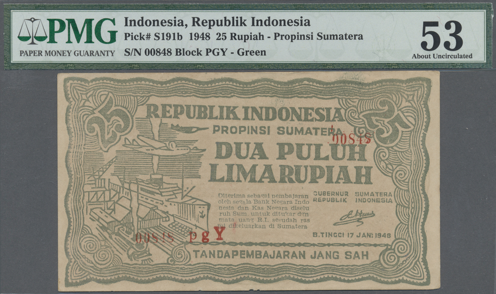 01189 Indonesia / Indonesien:  Governor Of Bukittinggi, Sumatra 25 Rupiah 1948, P.S191b In Green Color, Tiny Missing Par - Indonesia