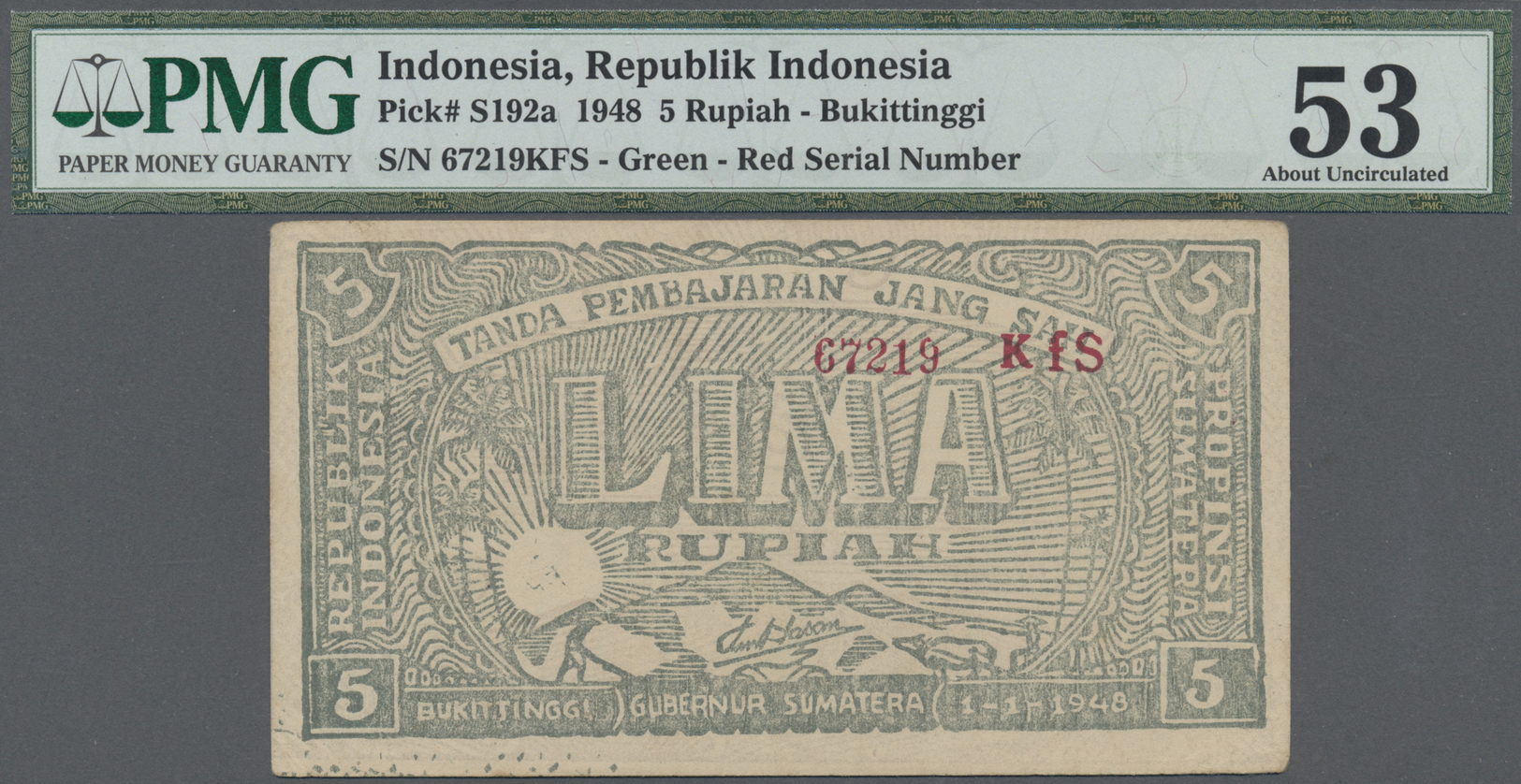 01190 Indonesia / Indonesien:  Governor Of Bukittinggi, Sumatra 5 Rupiah 1948, P.S192a, Very Nice Condition With Rounded - Indonesia