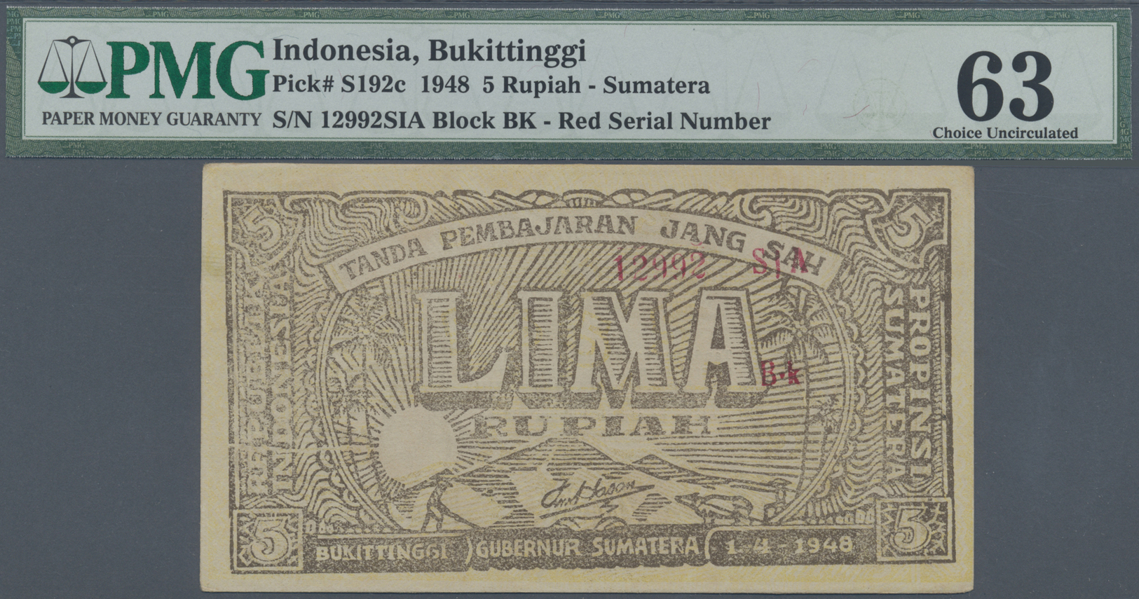 01191 Indonesia / Indonesien:  Governor Of Bukittinggi, Sumatra 5 Rupiah 1948, P.S192c In Excellent Condition With A Few - Indonesia