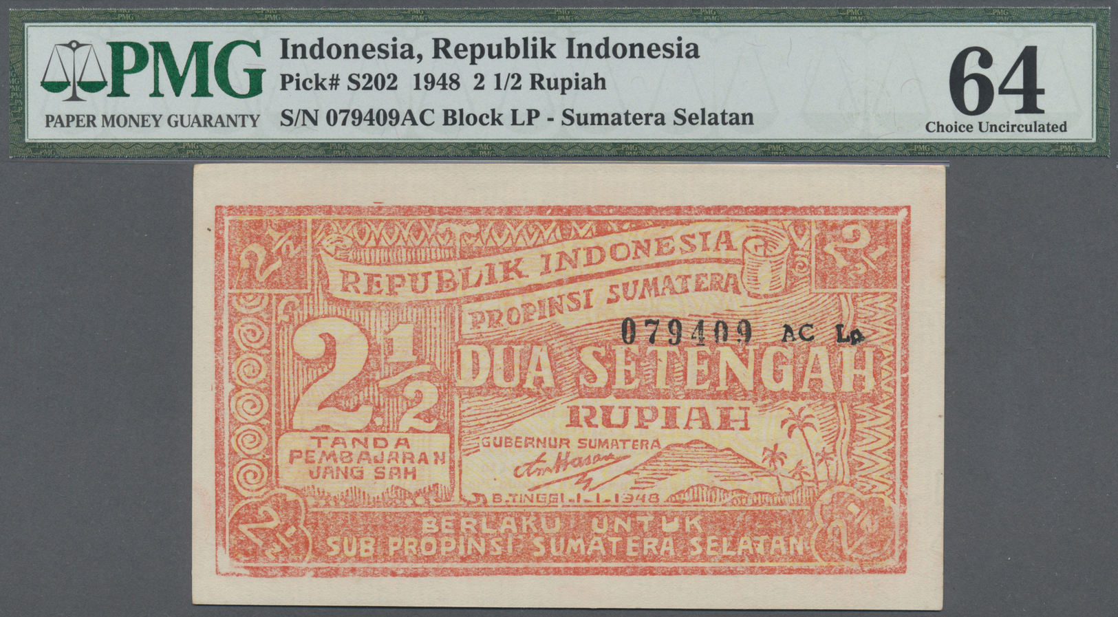 01194 Indonesia / Indonesien: Sub-Province Of South Sumatra 2 1/2 Rupiah 1948, P.S202 In Exceptional Great Condition Wit - Indonesia