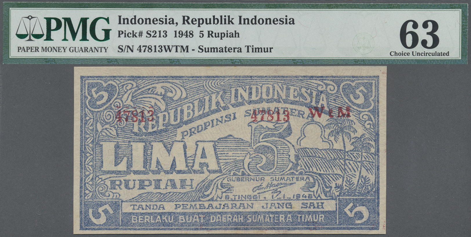 01195 Indonesia / Indonesien: Propinsi Sumatera Timur (Province Of East Sumatra), Bukittinggi 5 Rupiah 1948, P.S213 In E - Indonesia