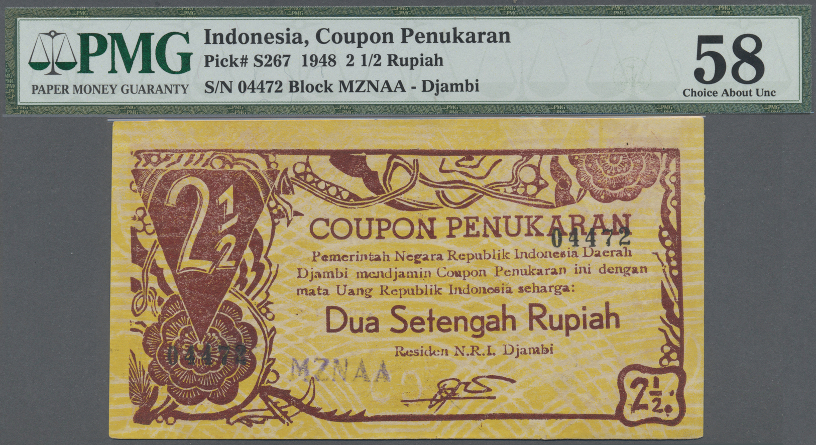 01199 Indonesia / Indonesien: Djambi 2 1/2 Rupiah "Coupon Penukaran" (Redemption Coupon) 1948, P.S267 , Great Original S - Indonesia