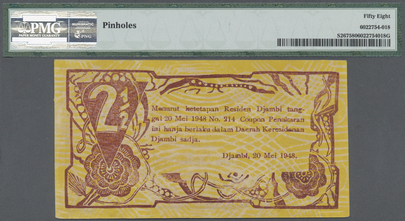 01199 Indonesia / Indonesien: Djambi 2 1/2 Rupiah "Coupon Penukaran" (Redemption Coupon) 1948, P.S267 , Great Original S - Indonesia