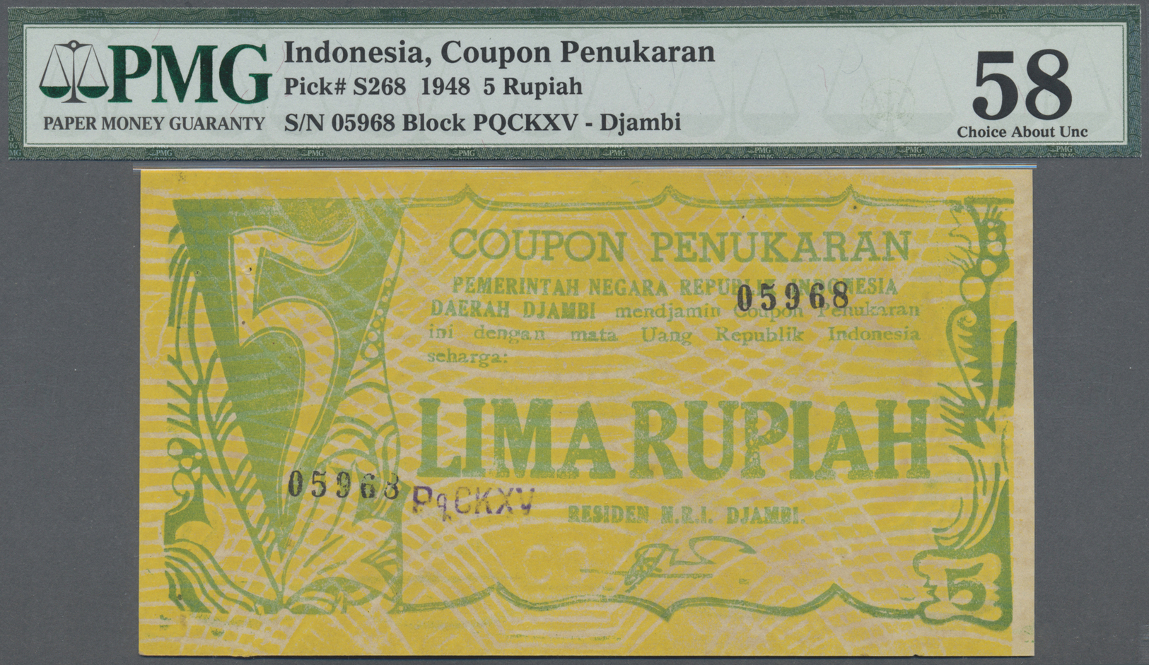 01200 Indonesia / Indonesien: Djambi 5 Rupiah "Coupon Penukaran" (Redemption Coupon) 1948, P.S268 , Great Original Shape - Indonesia