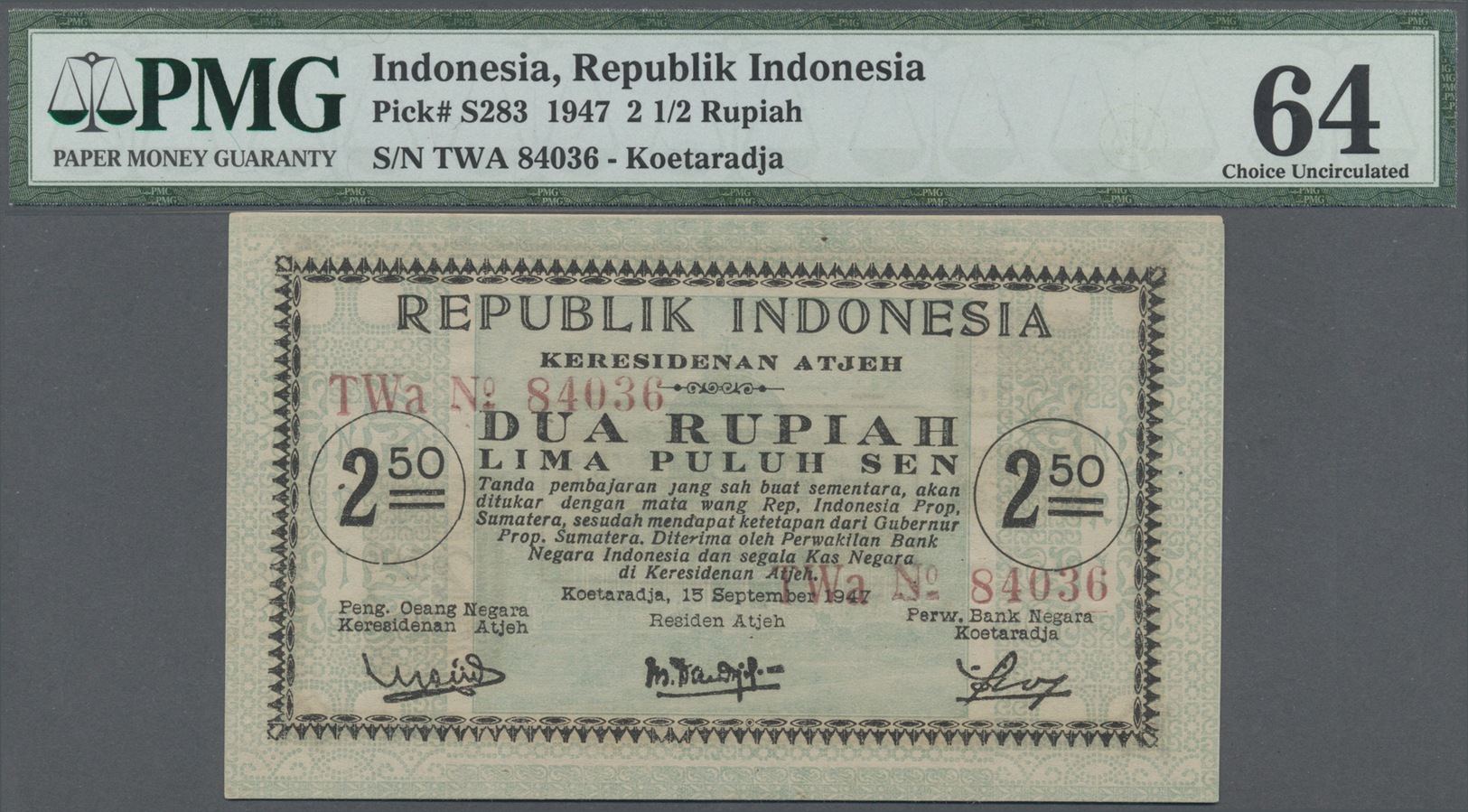 01203 Indonesia / Indonesien: Residency, Atjeh, Koetaradja 2 1/2 Rupiah 1947, P.S283 In Almost Perfect Condition, PMG Gr - Indonesia