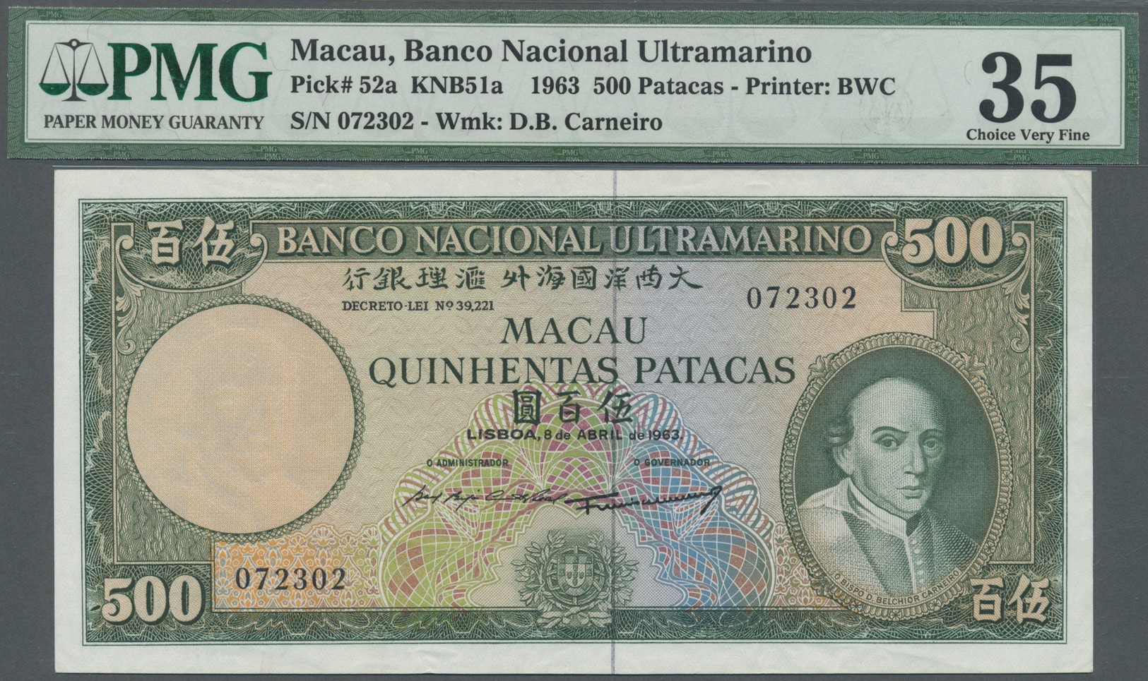 01601 Macau / Macao:  Banco Nacional Ultramarino 500 Patacas April 8th 1963, P.52a, Some Folds And Creases In The Paper - Macau