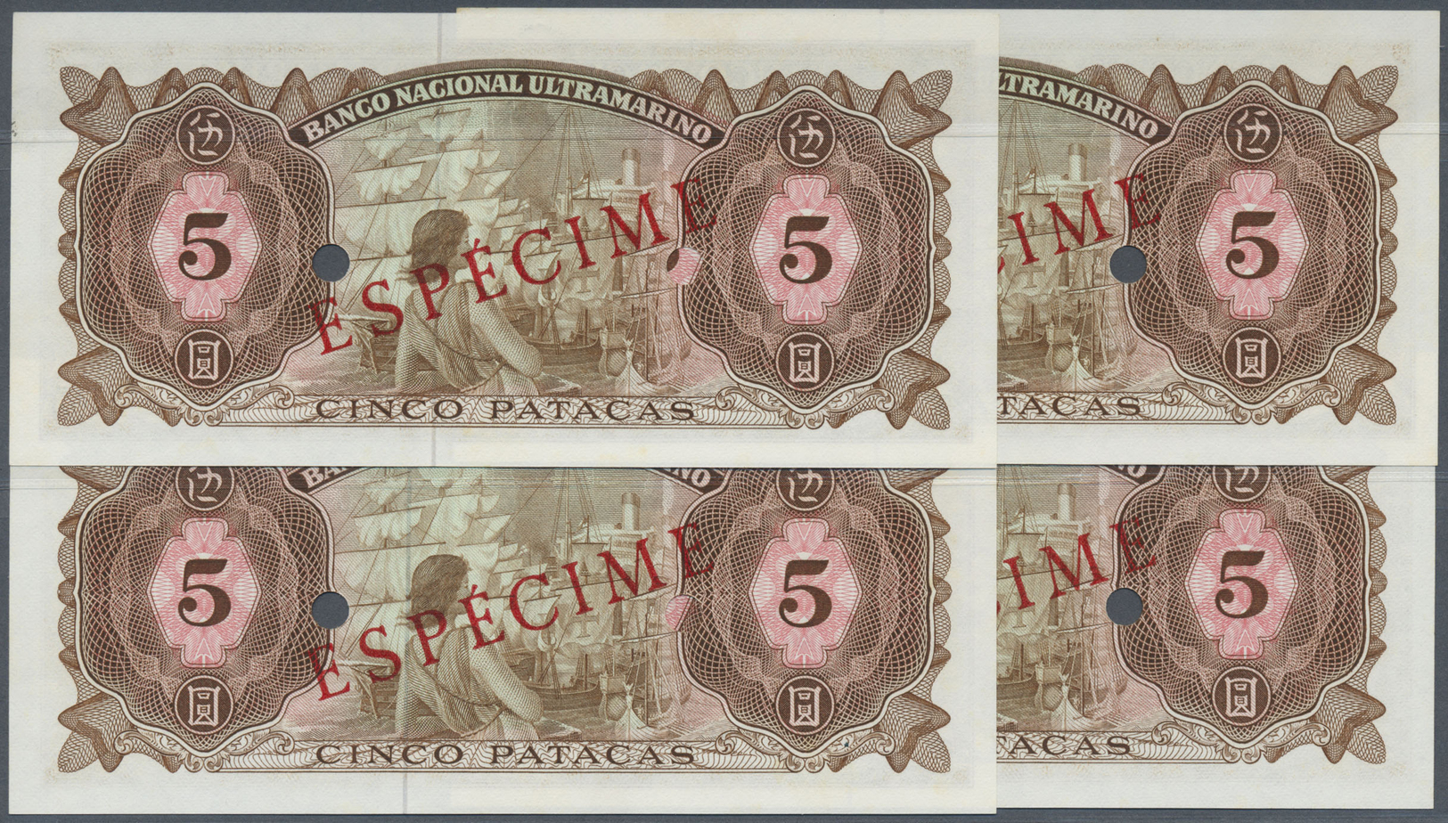 01603 Macau / Macao: Set Of 4 Different Signature Specimens Of 5 Patacas 1976 Specimen P. 54s, Zero Serial Numbers And S - Macau