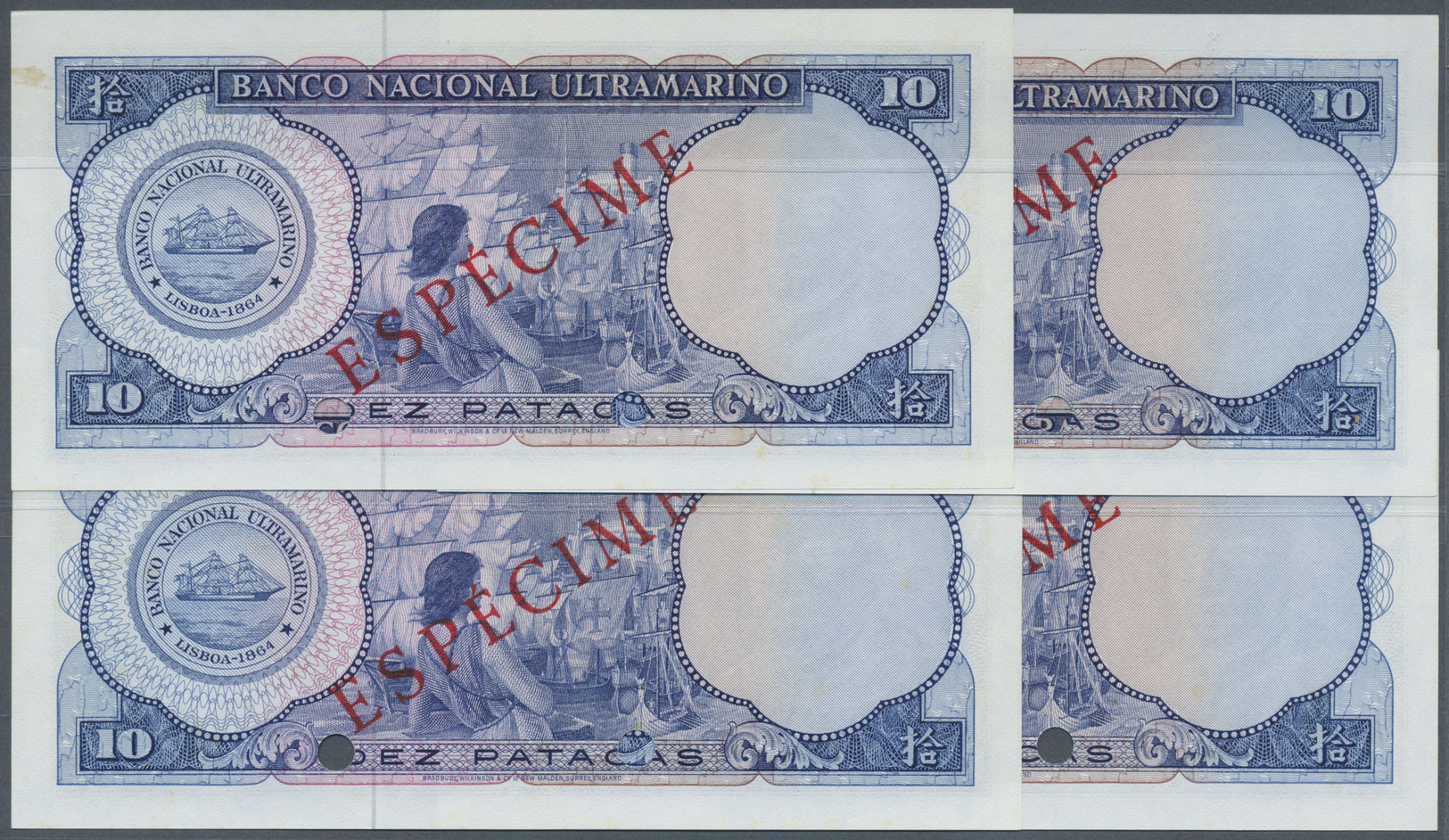 01604 Macau / Macao: Set Of 4 Different Signature Specimens Of 10 Patacas 1977 Specimen P. 55s, Zero Serial Numbers And - Macau