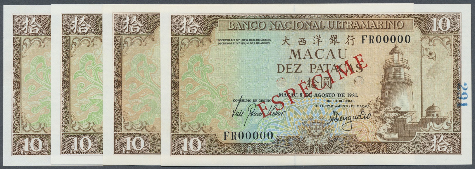 01608 Macau / Macao: Set Of 4 Different Signature Specimens Of 10 Patacas 1981 Specimen P. 59s, Zero Serial Numbers And - Macau