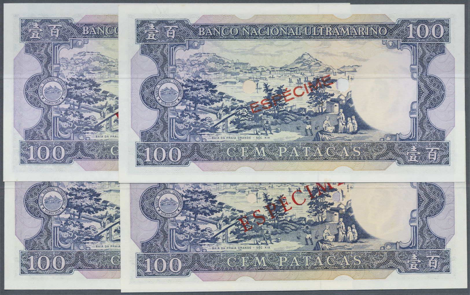 01610 Macau / Macao: Set Of 4 Different Signature Specimens Of 100 Patacas 1981 Specimen P. 61s, Zero Serial Numbers And - Macau