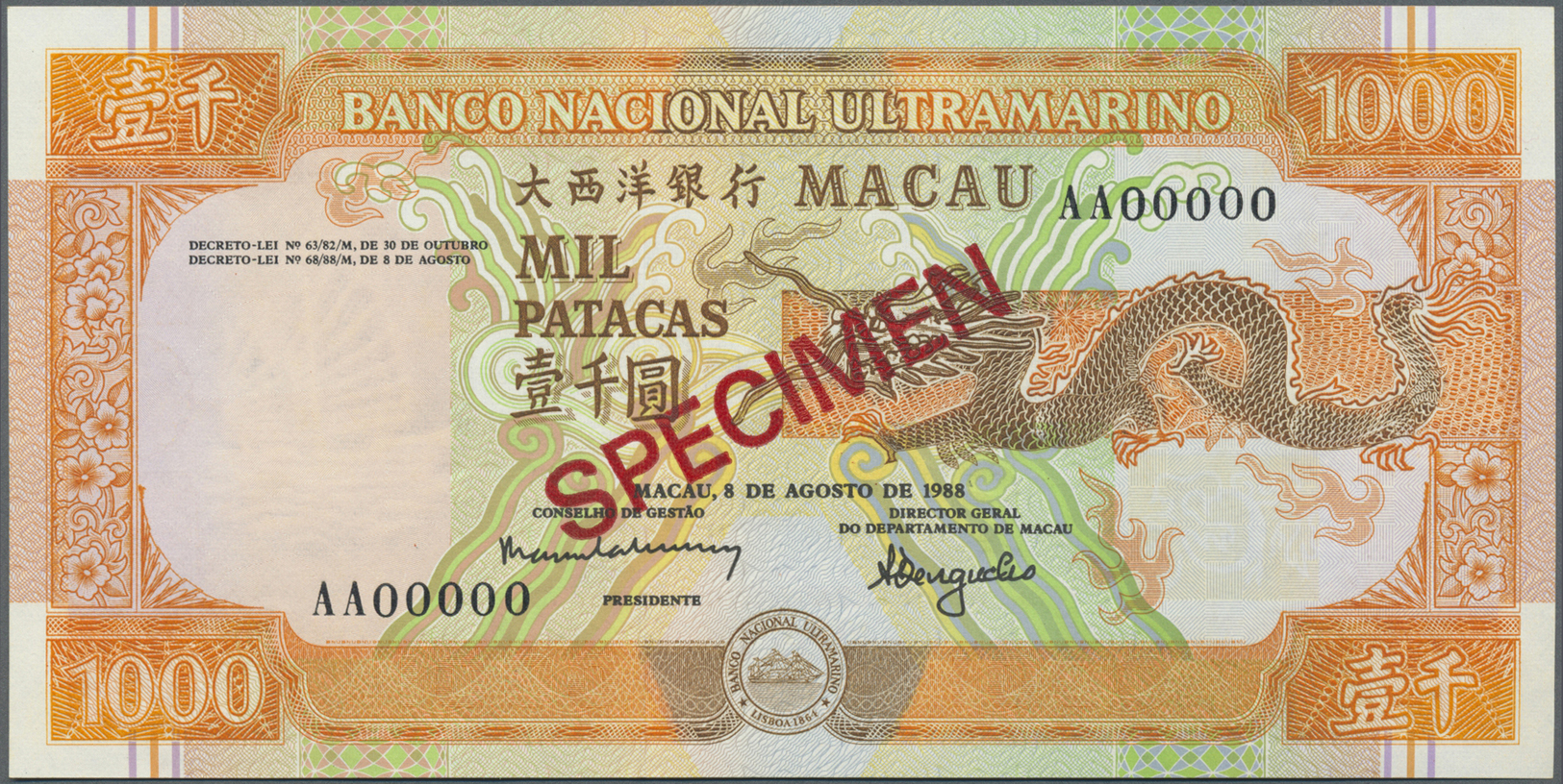 01613 Macau / Macao: 1000 Patacas 1988 Specimen P. 63s, Zero Serial Numbers, Red Specimen Overprint, One Dint At Lower R - Macau
