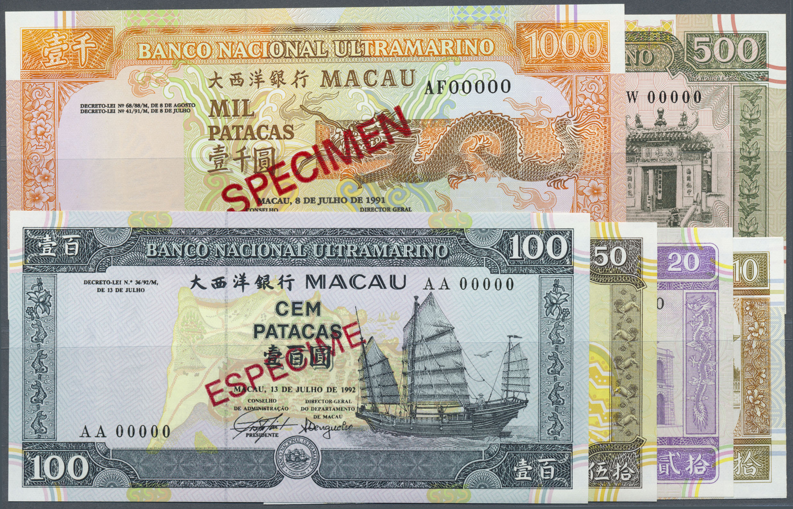 01615 Macau / Macao: Series Of 6 Specimen Notes Containing 10, 20, 50, 100, 500 And 1000 Patacas 1991 Specimen P. 65s-70 - Macau