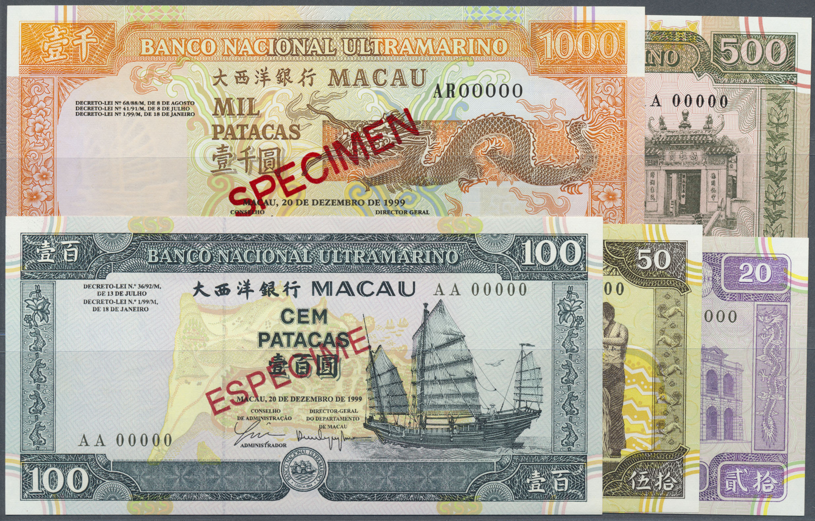 01618 Macau / Macao: Series Of 5 Specimen Notes Containing 20, 50, 100, 500 And 1000 Patacas 1999 Specimen P. 71s-75s, A - Macau