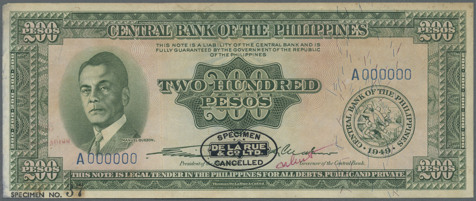 01972 Philippines / Philippinen: 200 Pesos ND Specimen P. 140s, Unfolded But With Stainings Around The Corner, A Pen Wri - Philippines
