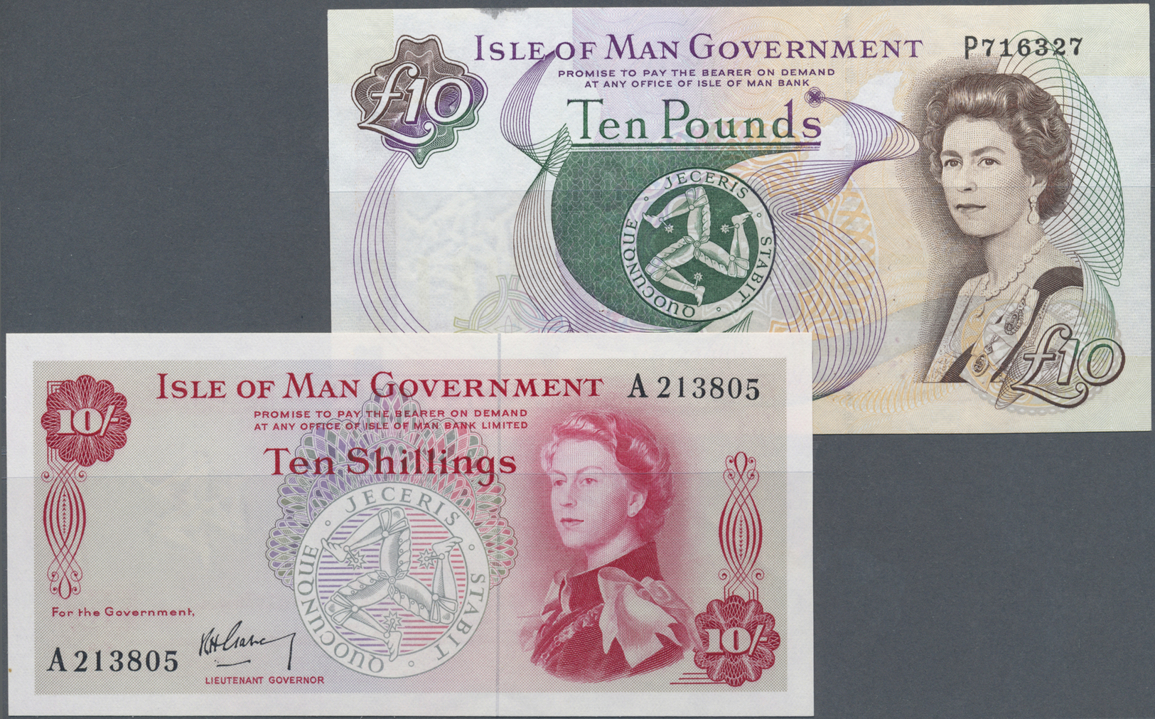 01249 Isle Of Man: Set Of 2 Notes Containing 10 Shillings P. 24 (aUNC) And 10 Pounds ND P. 44 (VF-). (2 Pcs) - Other & Unclassified