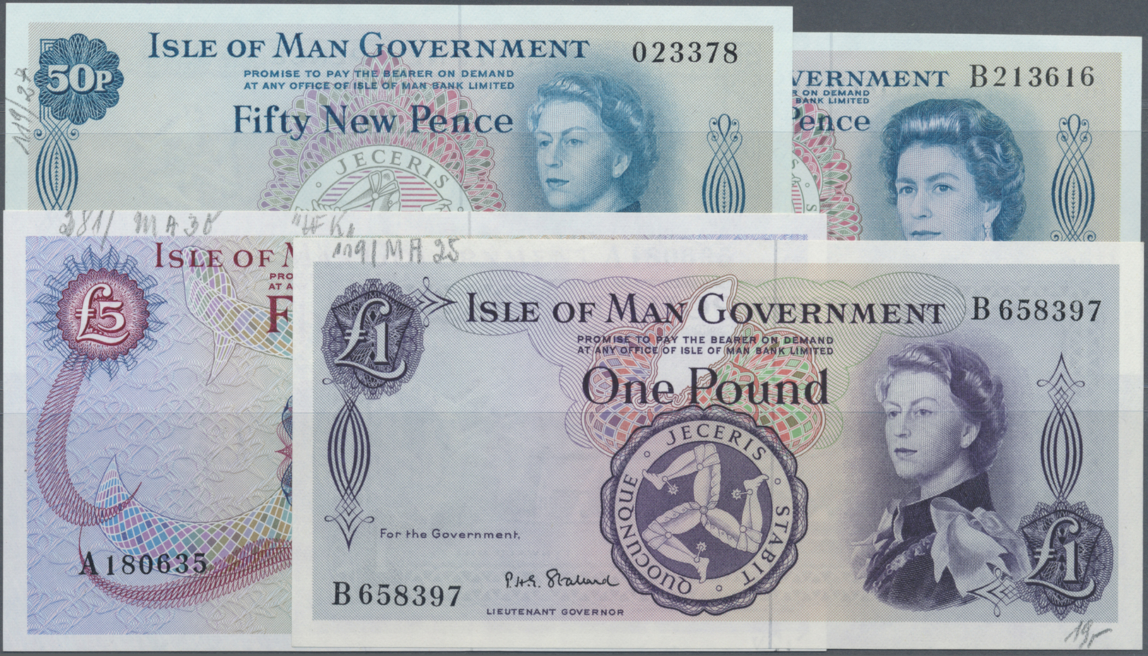 01250 Isle Of Man: Set With 4 Banknotes 50 New Pence ND(1971) P.27, 50 New Pence ND(1972-79) P.28,1 Pound ND(1967) P.25 - Other & Unclassified