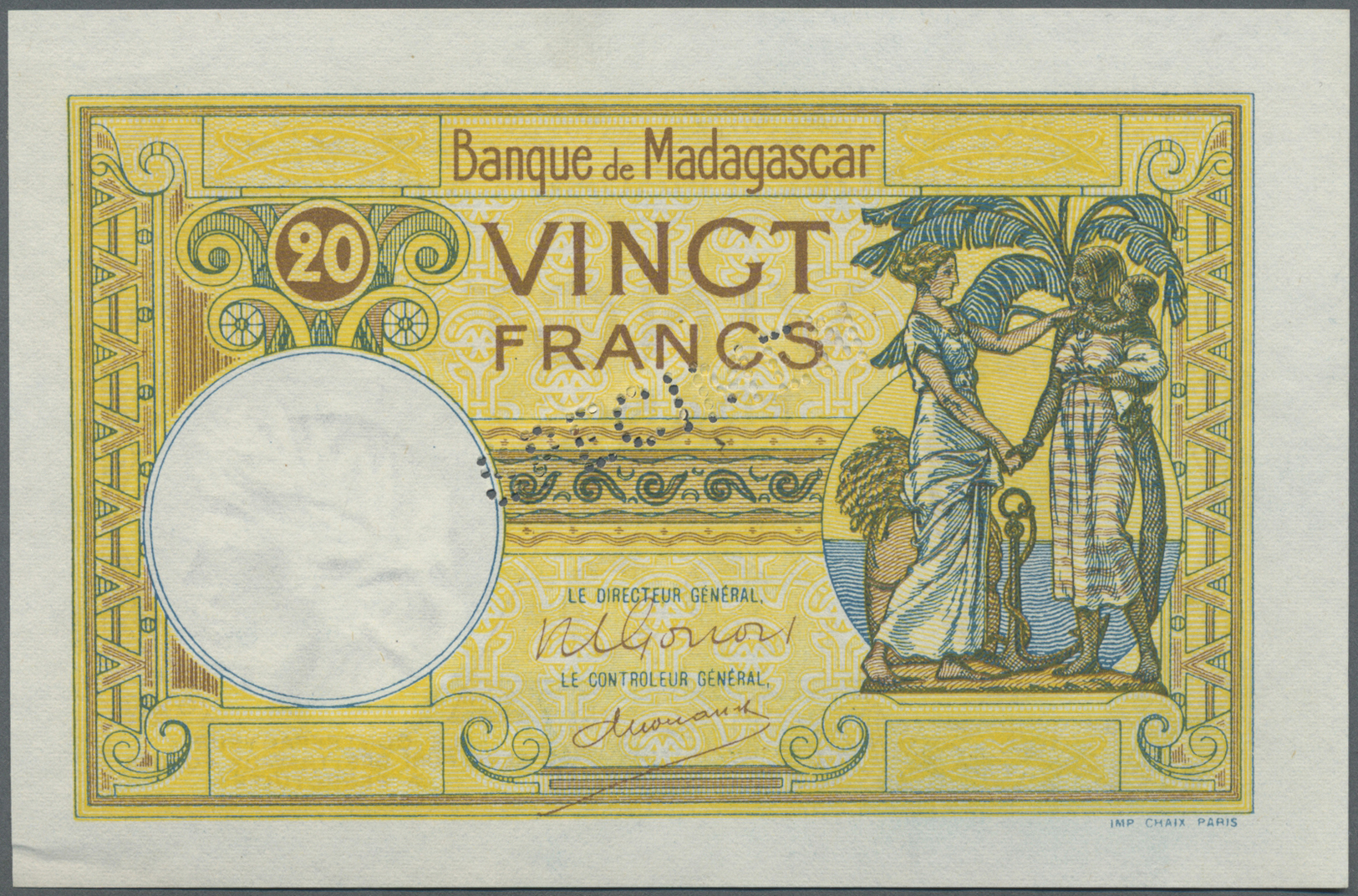 01620 Madagascar: 20 Francs ND(1938) Specimen P. 37s, Specimen Perforation At Center, W/o Serial Numbers, Light Handling - Madagascar