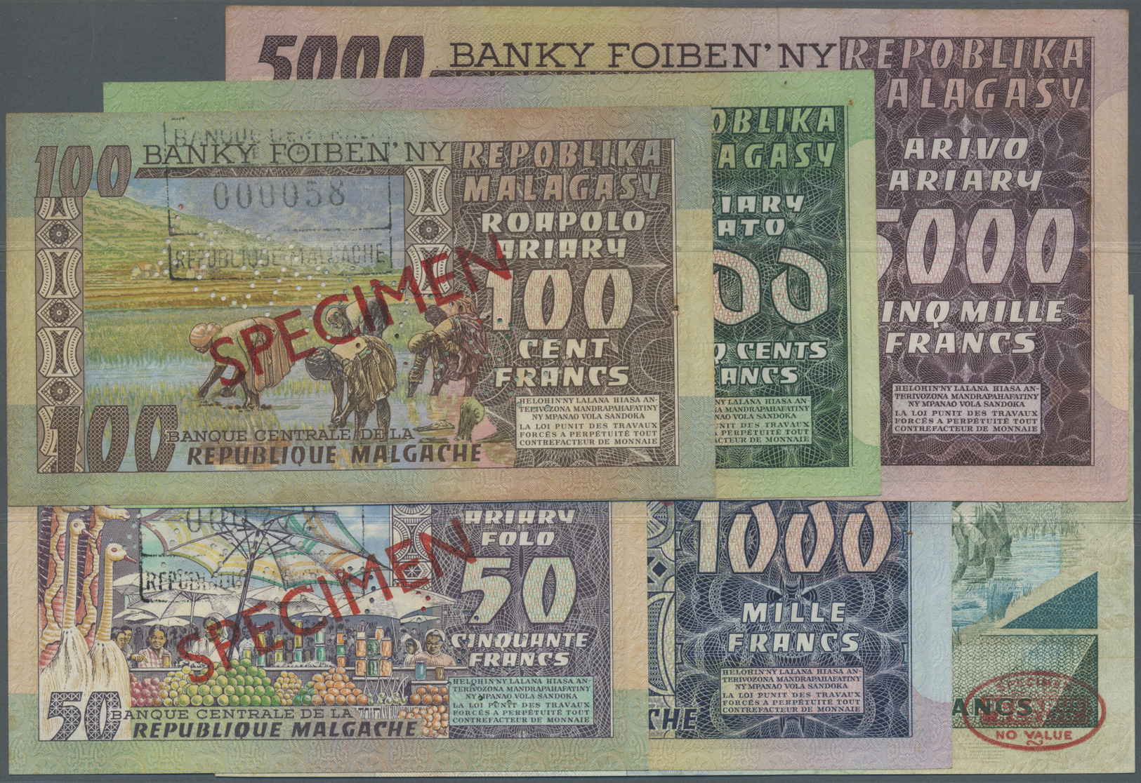 01623 Madagascar: Set Of 6 Specimen Banknotes Containing 50, 100, 500, 1000, 5000 And 10.000 Ariary Specimen Pick Divers - Madagascar