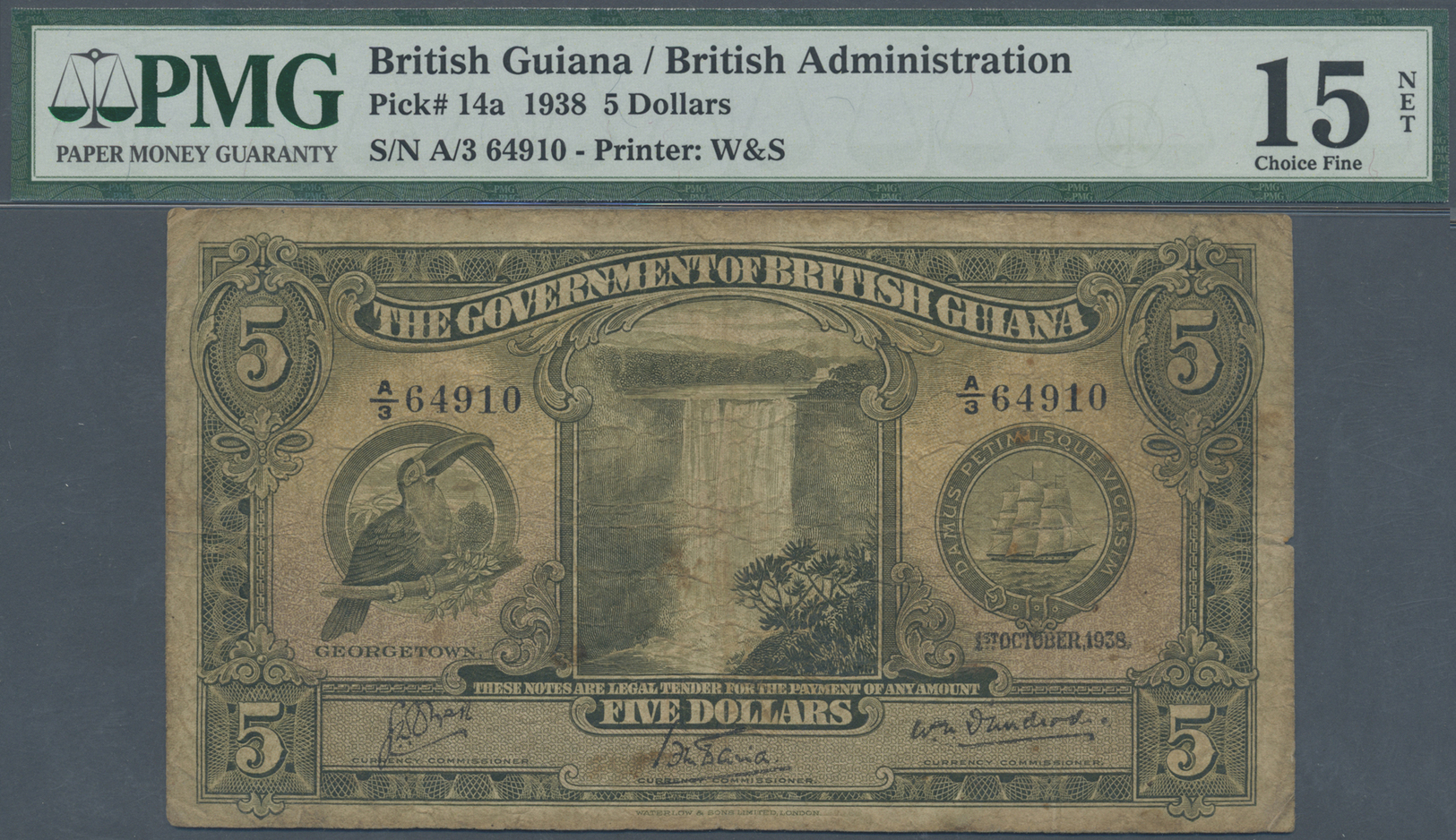 00343 British Guiana / Britisch Guayana: 5 Dollars 1938 P. 14a, Rare Note, PMG Graded 15 Choice Fine Net. - Guyana