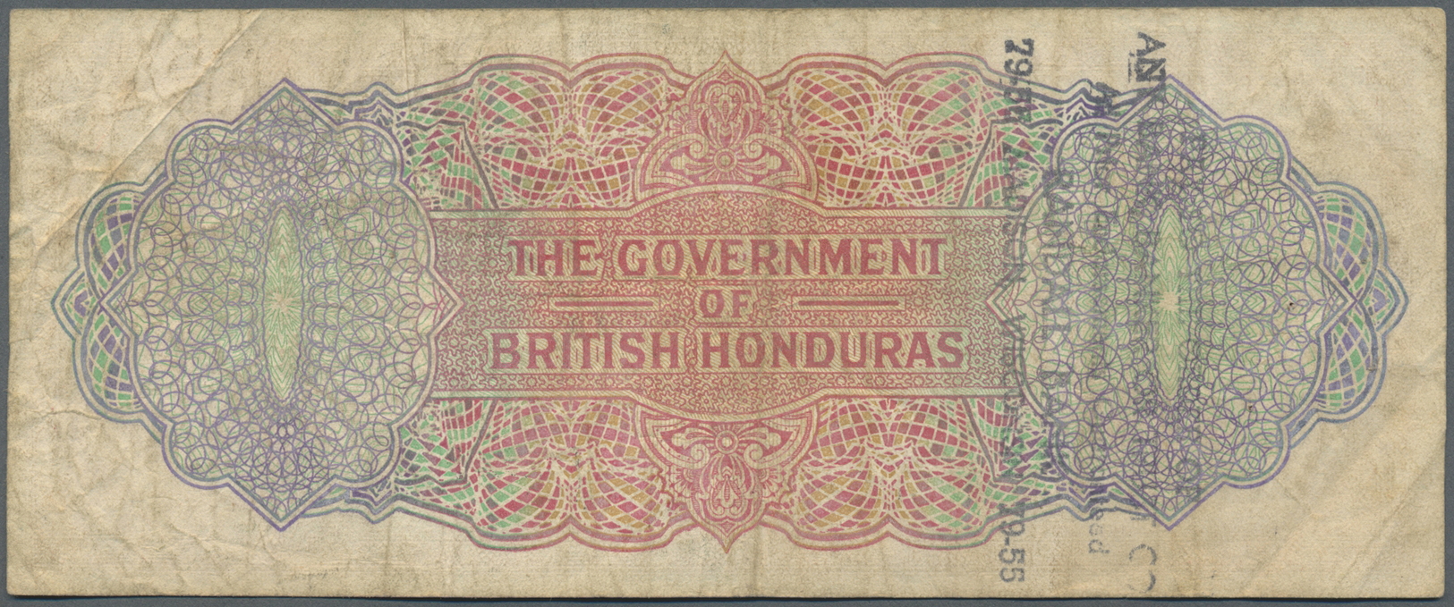 00345 British Honduras: 5 Dollars 1965 P. 30b, Used With Folds And Creases, Stamped On Back, No Tears, 2 Pinholes, Condi - Honduras