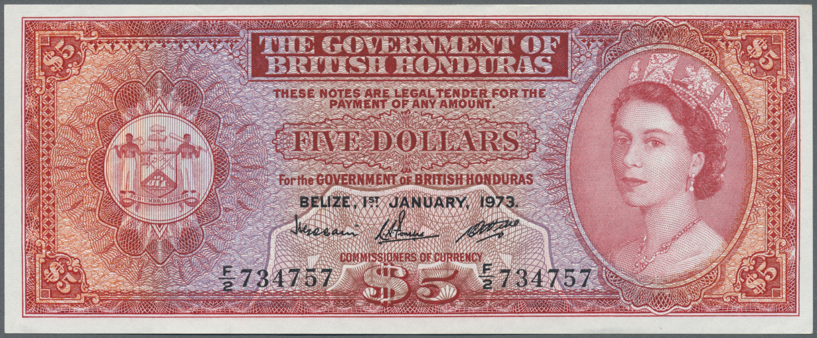00346 British Honduras: 5 Dollars January 1st 1973, P.30c In Excellent Condition With A Very Soft Vertical Bend At Cente - Honduras