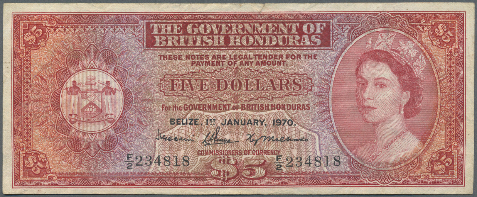 00347 British Honduras: 5 Dollars 1970 P. 30c, Used With Folds And Creases, One 0,5 Cm Border Tear At Upper Border, No H - Honduras