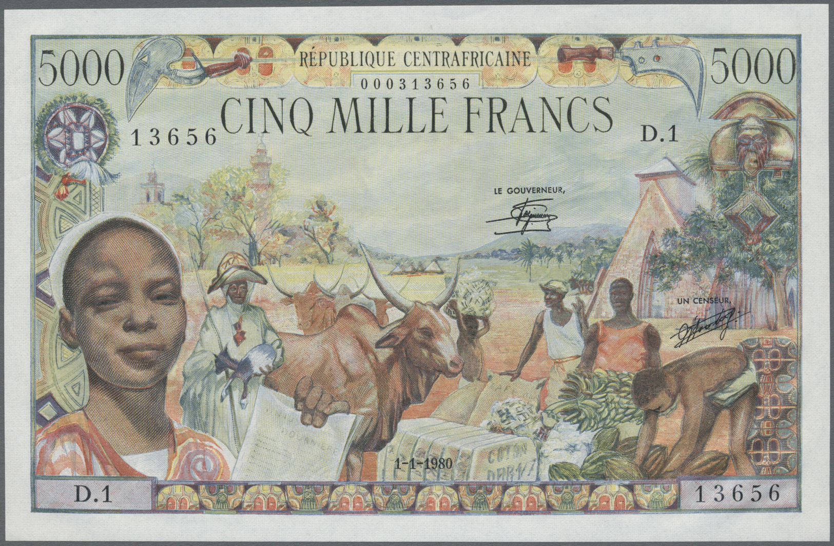 00526 Central African Republic / Zentralafrikanische Republik: 5000 Francs 1980 P. 11 With Only One Light Dint In Except - Central African Republic