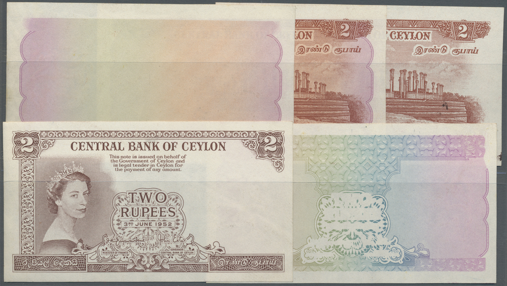 00532 Ceylon: Rare Set Of 5 Progressive Proof Prints For 2 Rupees 1952 QEII P. 50p, Watermarked, With Mounting Traces On - Sri Lanka