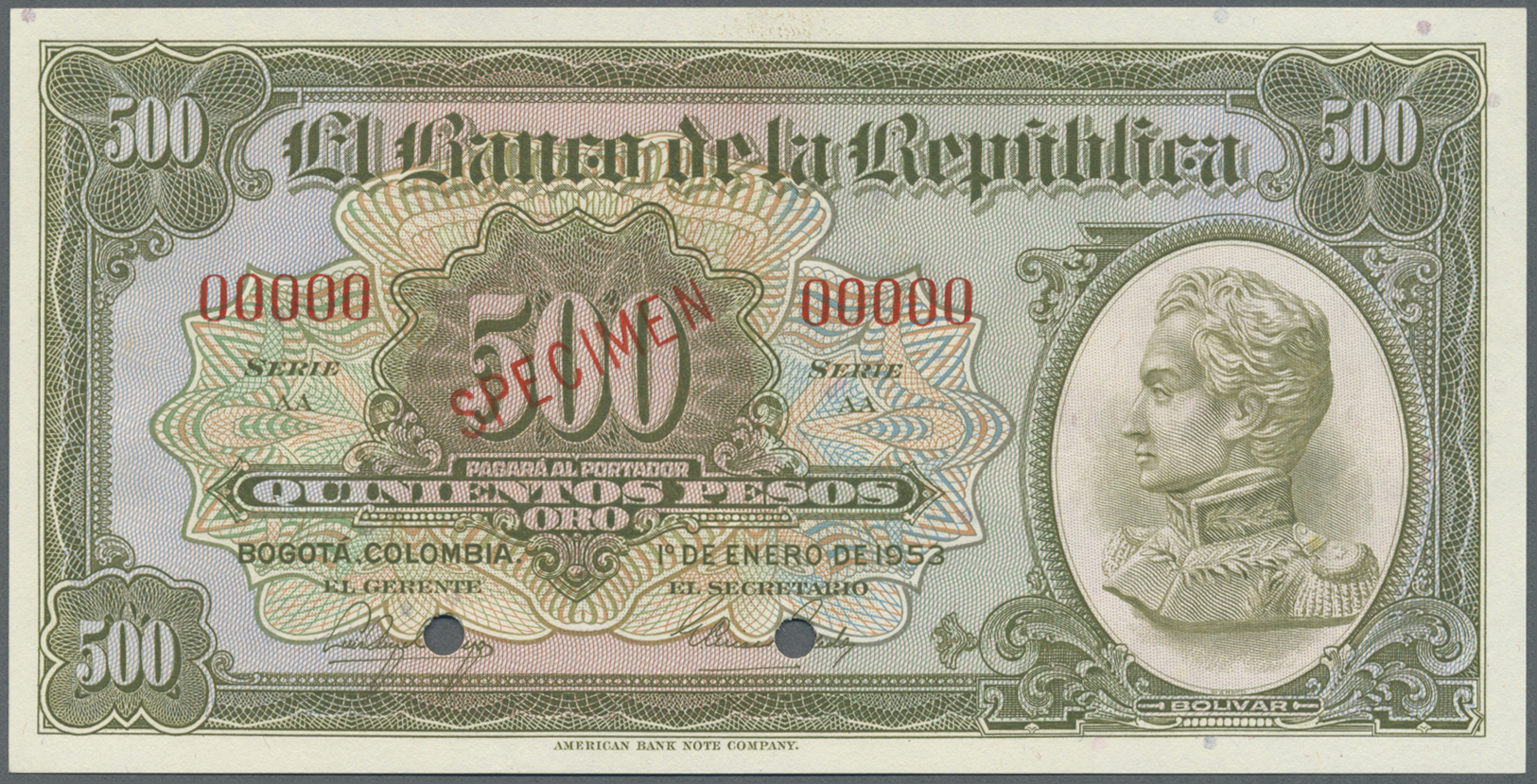 00567 Colombia / Kolumbien: 500 Pesos 1953 Specimen P. 391ds In Condition: UNC. - Colombia