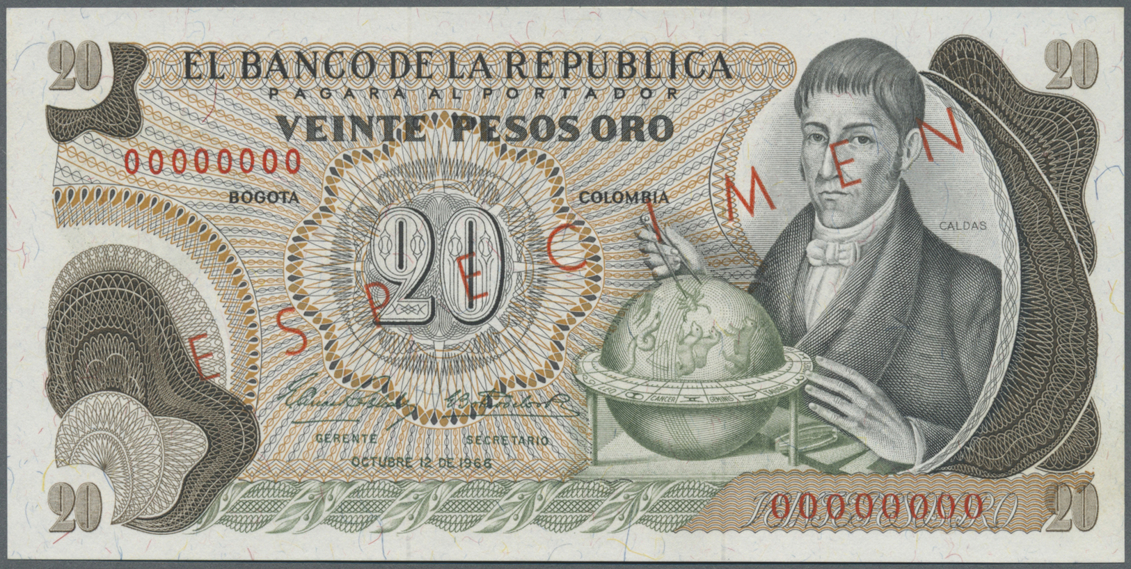 00568 Colombia / Kolumbien: 20 Pesos 1966 Specimen P. 409s In Condition: UNC. - Colombia