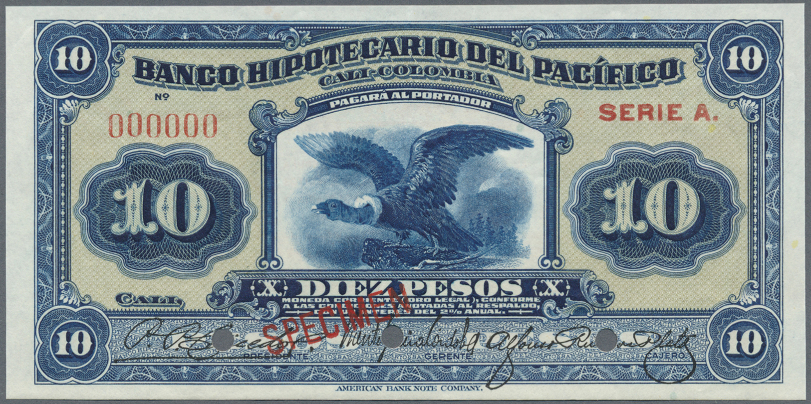 00573 Colombia / Kolumbien: Banco Hipotecario Del Pacífico, Cali, 10 Pesos L.1905 SPECIMEN, P.S524s, Punch Hole Cancella - Colombia