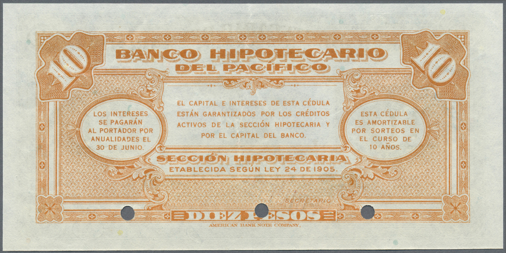 00573 Colombia / Kolumbien: Banco Hipotecario Del Pacífico, Cali, 10 Pesos L.1905 SPECIMEN, P.S524s, Punch Hole Cancella - Colombia