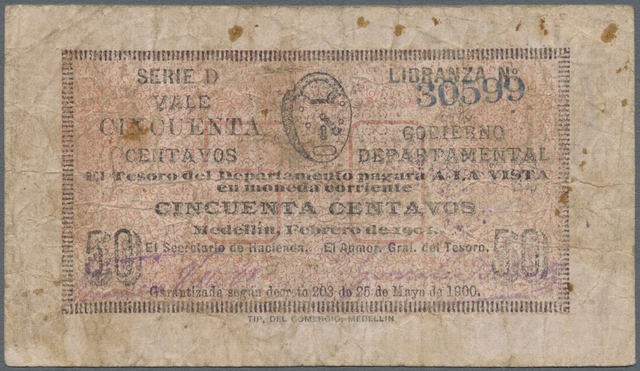 00574 Colombia / Kolumbien: 50 Centavos 1900 P. S1062A, Used With Many Folds And Creases, Stain And Stain Dots, No Holes - Colombia