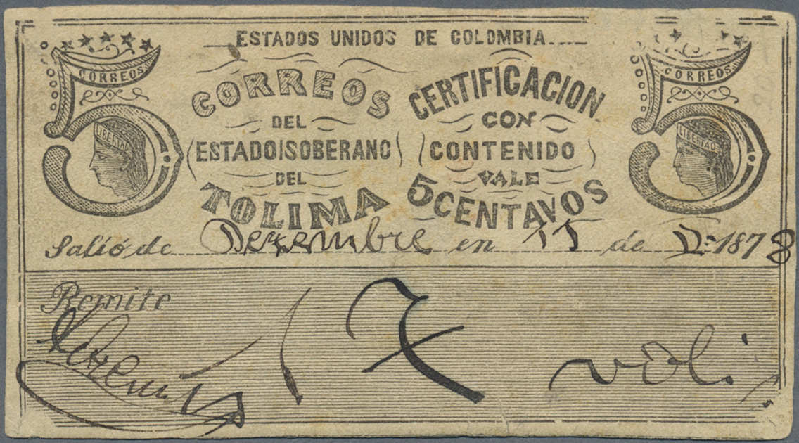 00575 Colombia / Kolumbien: Unknown 5 Centavos 1878 Note, Probably Similar To A Postal Order Note De "Correos Del Estado - Colombia