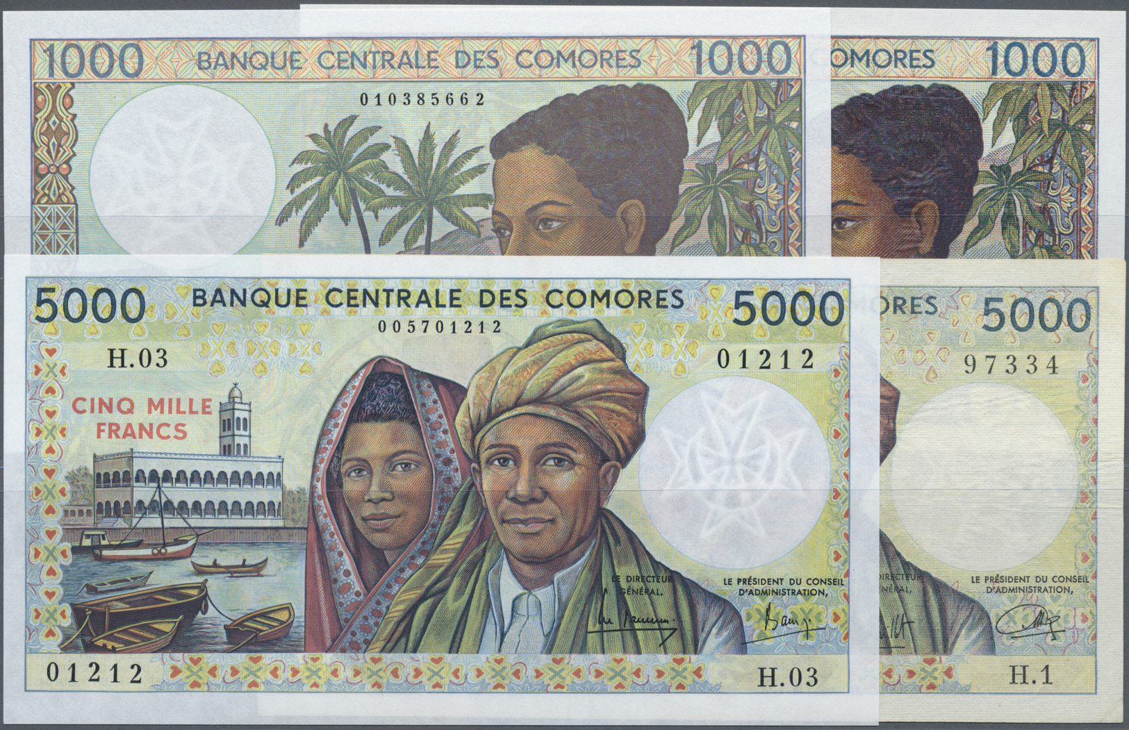 00577 Comoros / Komoren: Set Of 4 Notes Containing 2x 1000 And 2x 5000 Francs ND(1984-2005), 1x F+, 3x UNC, Nice Set. (4 - Comoros