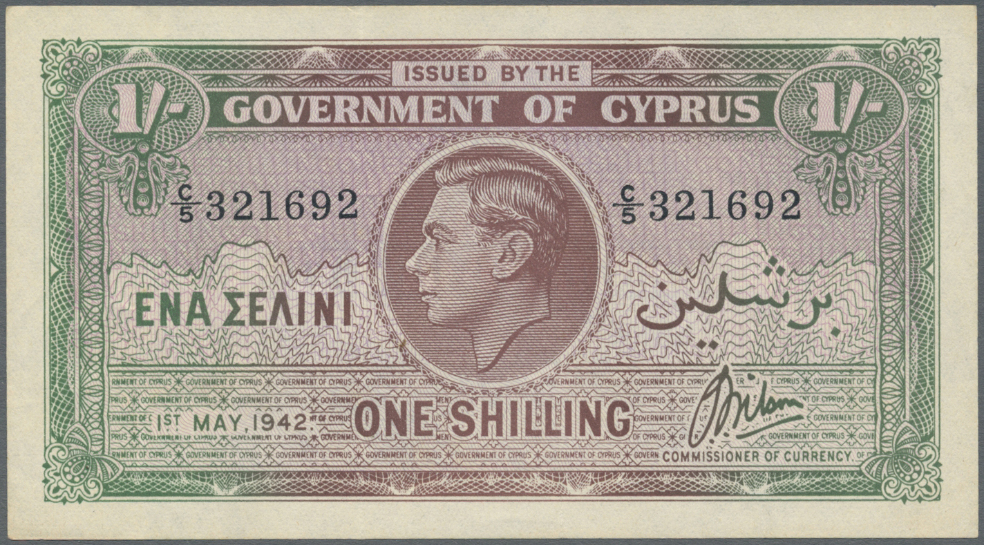 00610 Cyprus / Zypern: 1 Shilling 1942 P. 20, Light Vertical Folds, No Holes Or Tears, Not Washed Or Pressed, Still Cris - Cyprus
