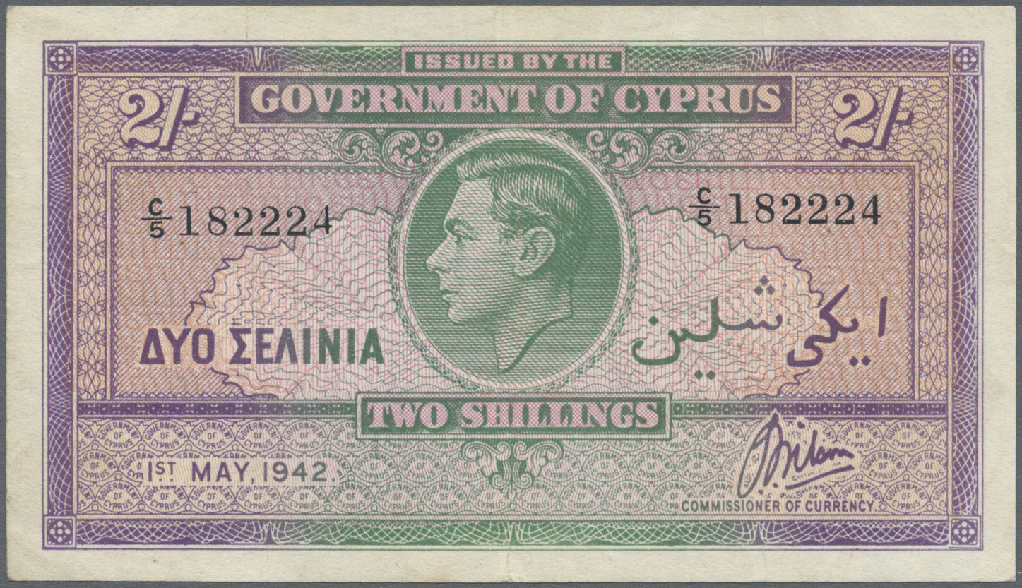 00611 Cyprus / Zypern: 2 Shillings 1942 P. 21, Light Folds In Paper, Probably Dry Pressed But Still Crispness In Paper A - Cyprus