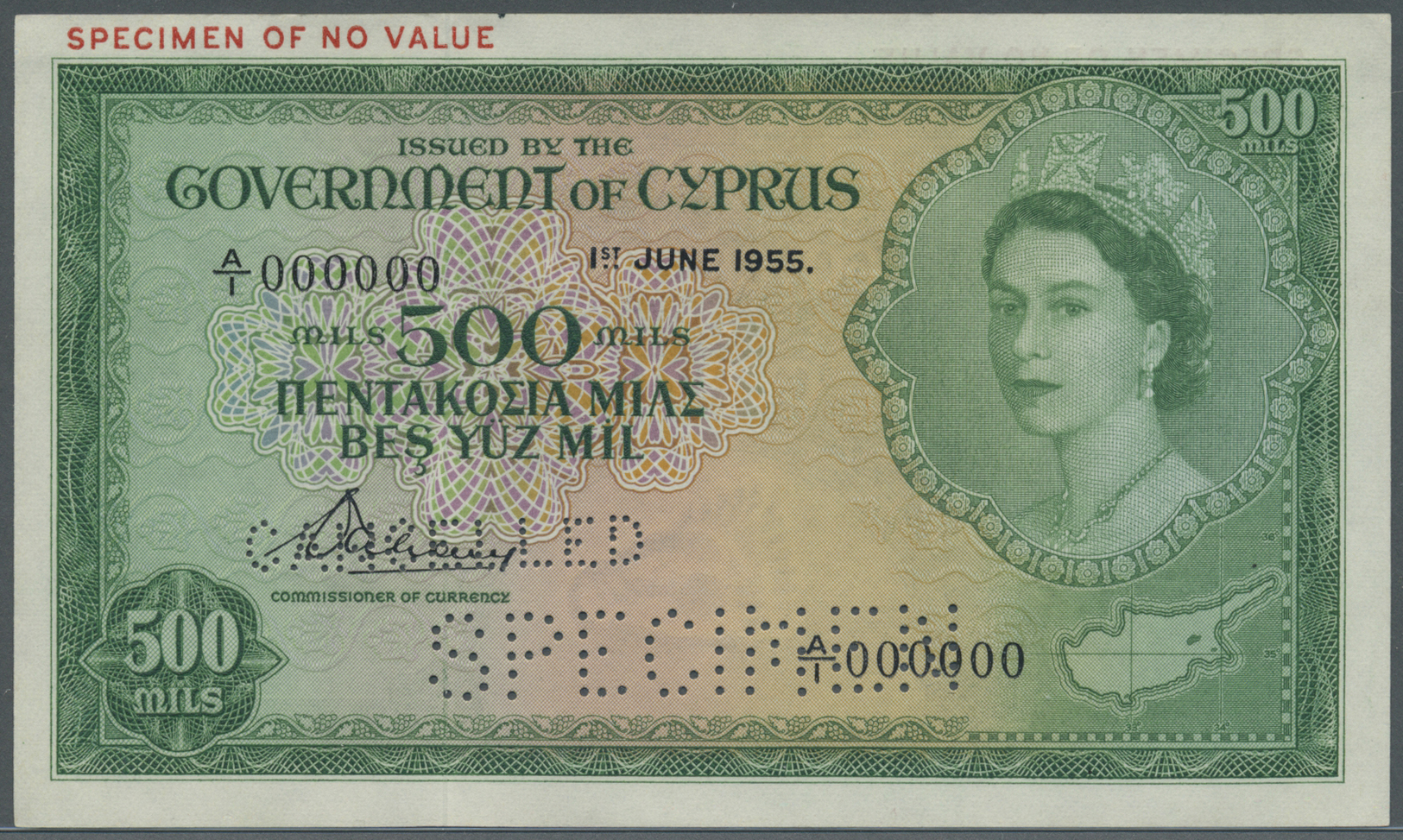 00615 Cyprus / Zypern: 500 Mil 1955 SPECIMEN, P.34as With A Tiny Dint At Upper Right Corner, Otherwise Perfect: AUNC - Cyprus