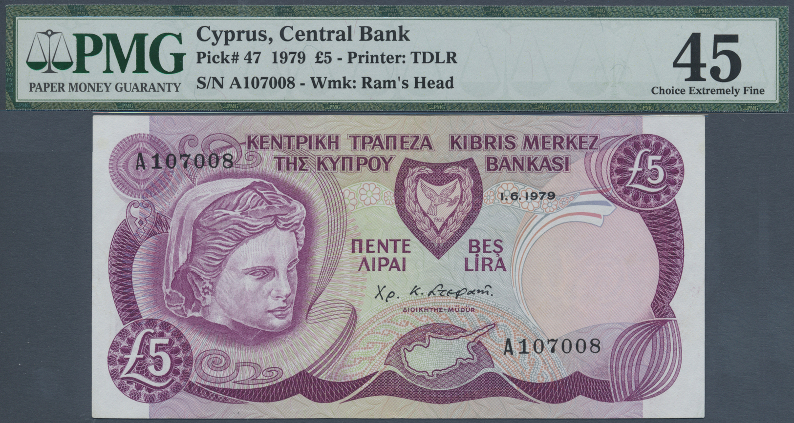 00622 Cyprus / Zypern: 5 Pounds 1979 P. 47, PMG Graded 45 Coice Extremely Fine. - Cyprus