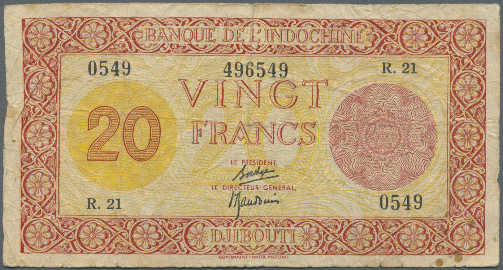 00648 Djibouti / Dschibuti: 20 Francs ND(1945) P. 15, Palestine Print, Several Folds And Creases In Paper, Some Softness - Djibouti