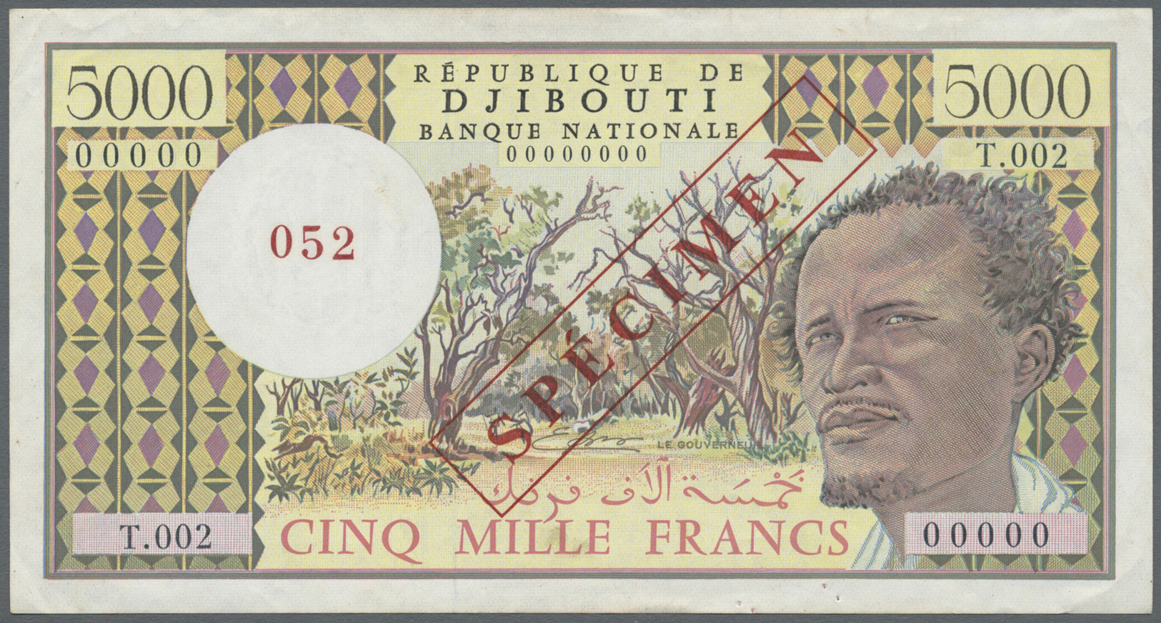 00653 Djibouti / Dschibuti: 5000 Francs ND Specimen P. 38bs With Zero Serial Numbers And Specimen Overprint, Unfolded Bu - Djibouti