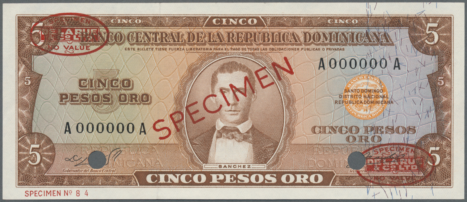 00658 Dominican Republic / Dominikanische Republik: 5 Pesos ND Specimen P. 100s In Condition: AUNC. - Dominicana