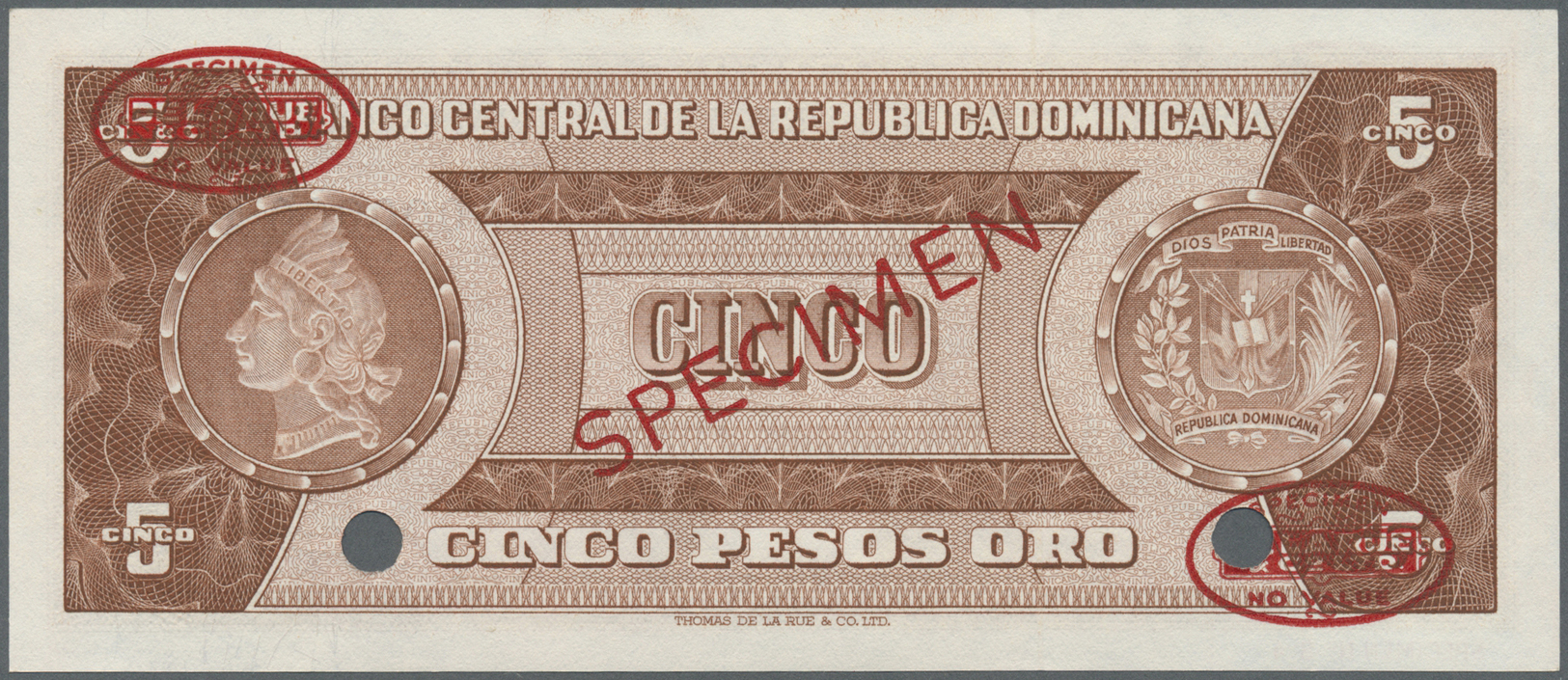 00658 Dominican Republic / Dominikanische Republik: 5 Pesos ND Specimen P. 100s In Condition: AUNC. - Dominicana