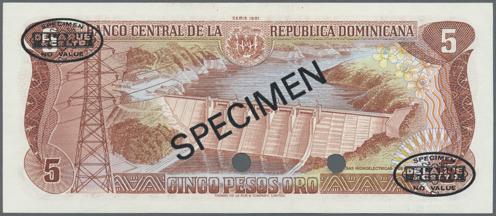 00660 Dominican Republic / Dominikanische Republik: 5 Pesos 1981 Specimen P. 118bs In Condition: UNC. - Dominicana