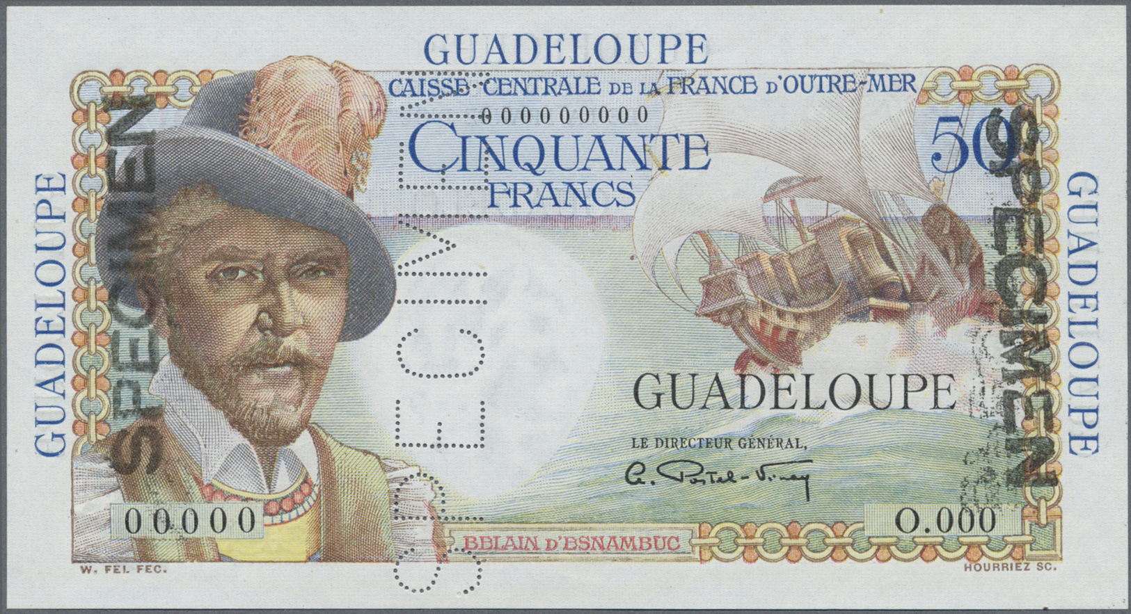 00956 Guadeloupe: 50 Francs ND Specimen P. 34s, Perforated SPECIMEN In Center, Stamped SPECIMEN At Borders, Zero Serial - Other - America