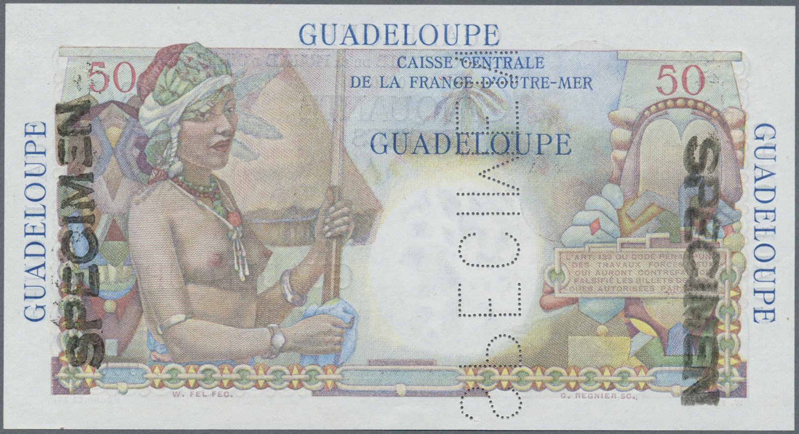 00956 Guadeloupe: 50 Francs ND Specimen P. 34s, Perforated SPECIMEN In Center, Stamped SPECIMEN At Borders, Zero Serial - Other - America