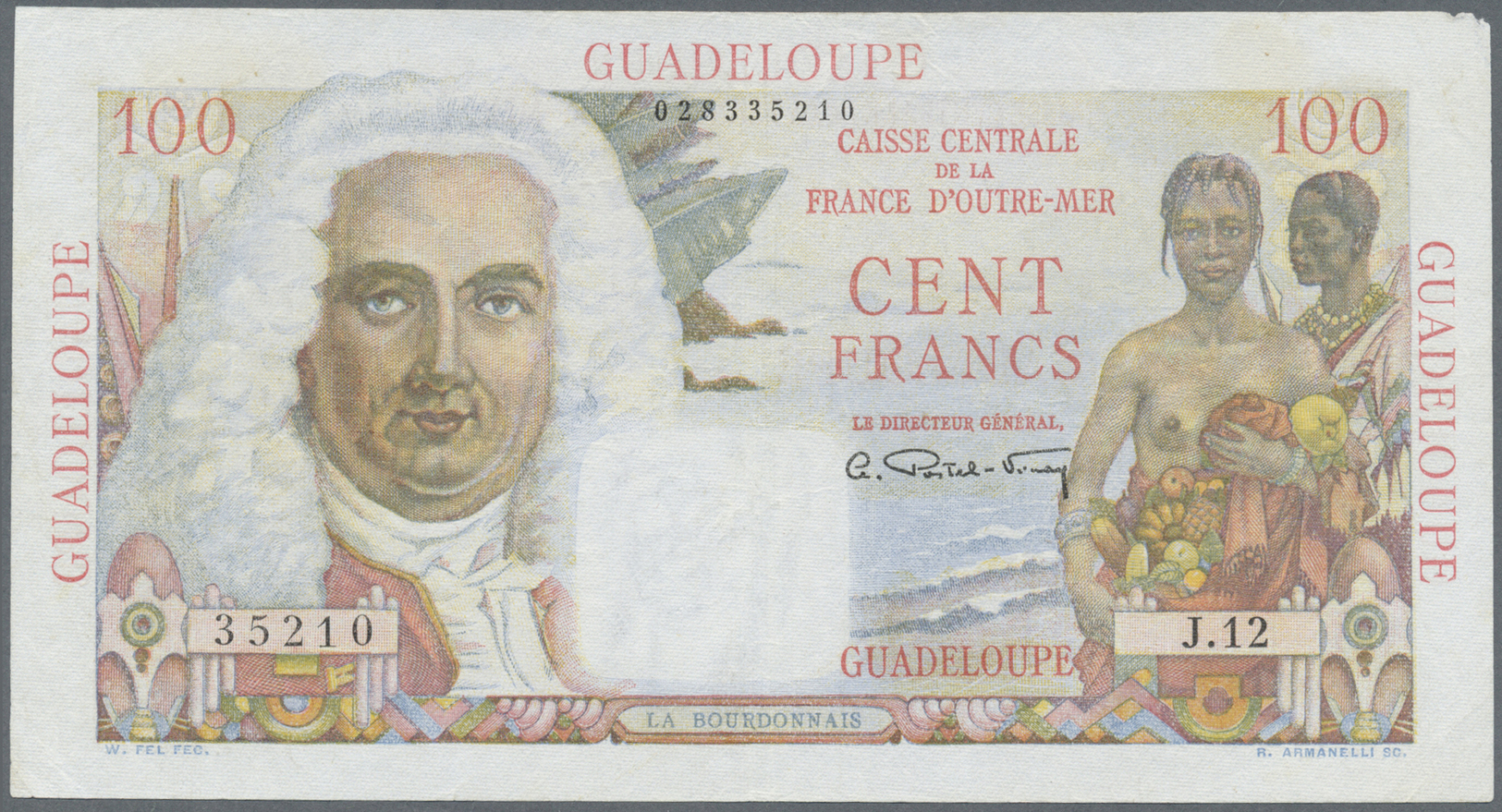 00957 Guadeloupe: 100 Francs ND(1947-49) P. 35, Light Creases And Folds In Paper, Washed And Pressed, Rounded Corner At - Other - America