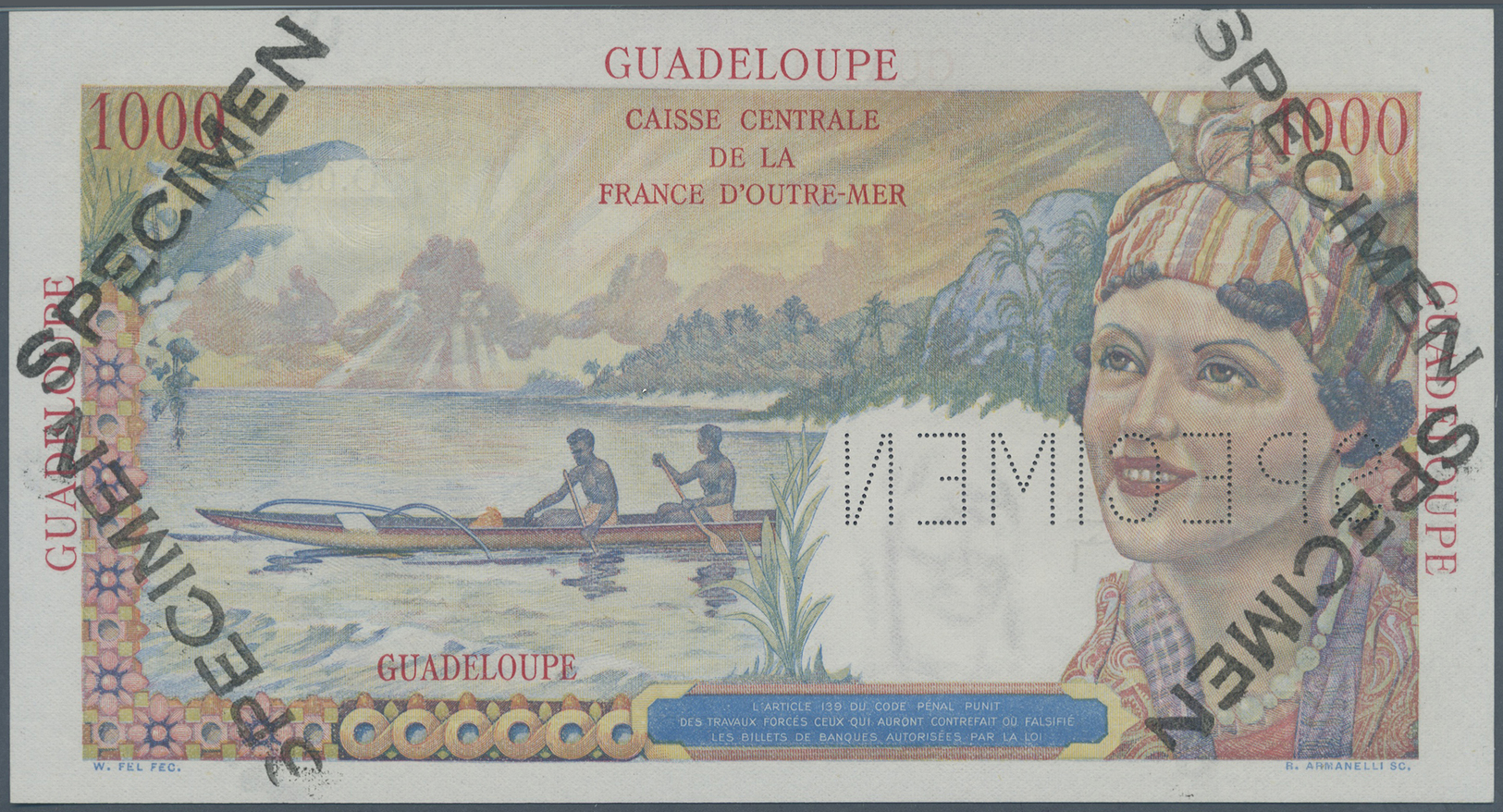 00958 Guadeloupe: 1000 Francs ND(1947-49) SPECIMEN, P.37s In Excellent Condition With Strong Paper And Bright Colors, Wi - Other - America