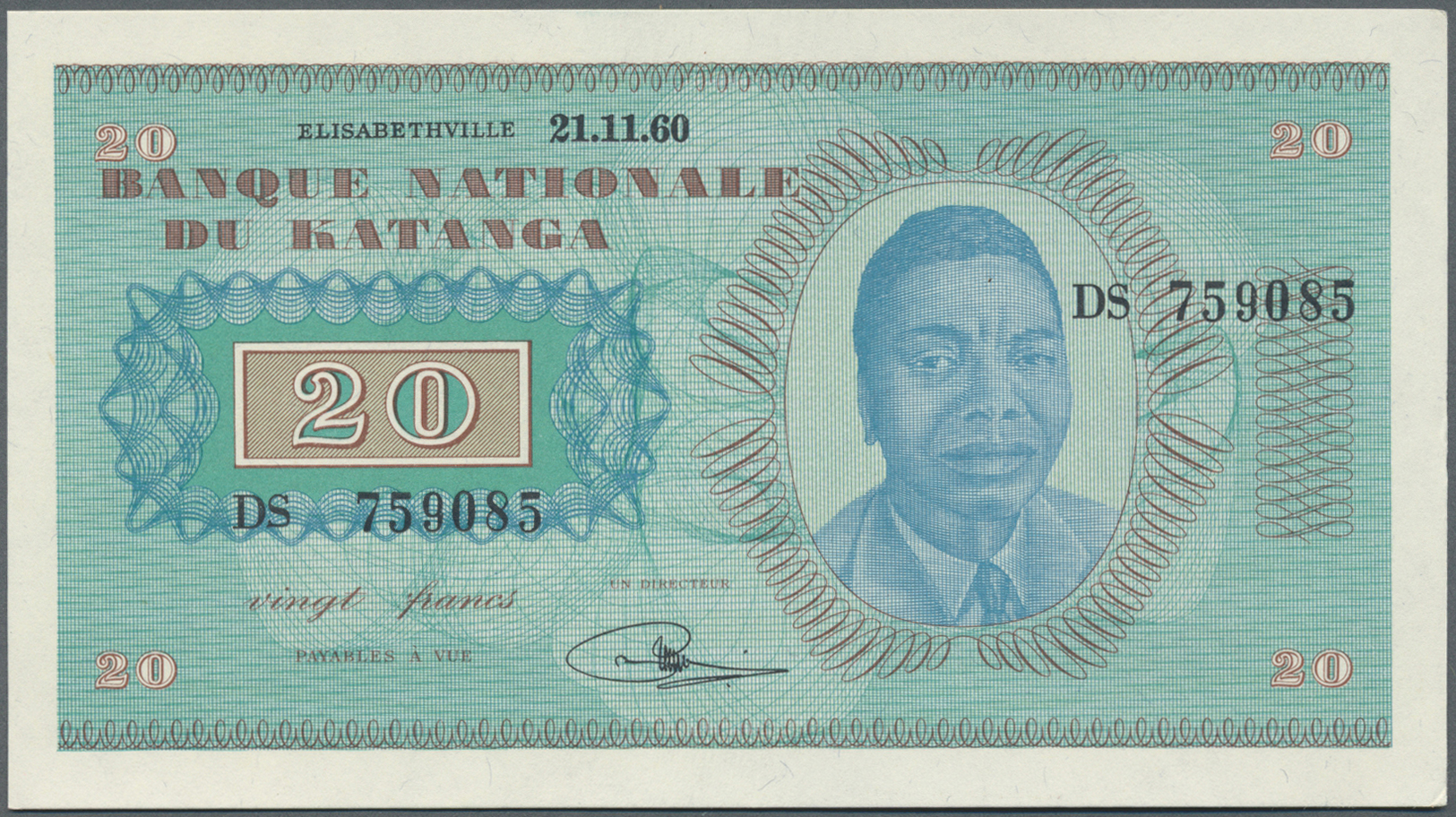 01329 Katanga: 20 Francs 1960 P. 6, Minor Dint At Right Border, Otherwise Perfect, Condition: AUNC. - Other - Africa