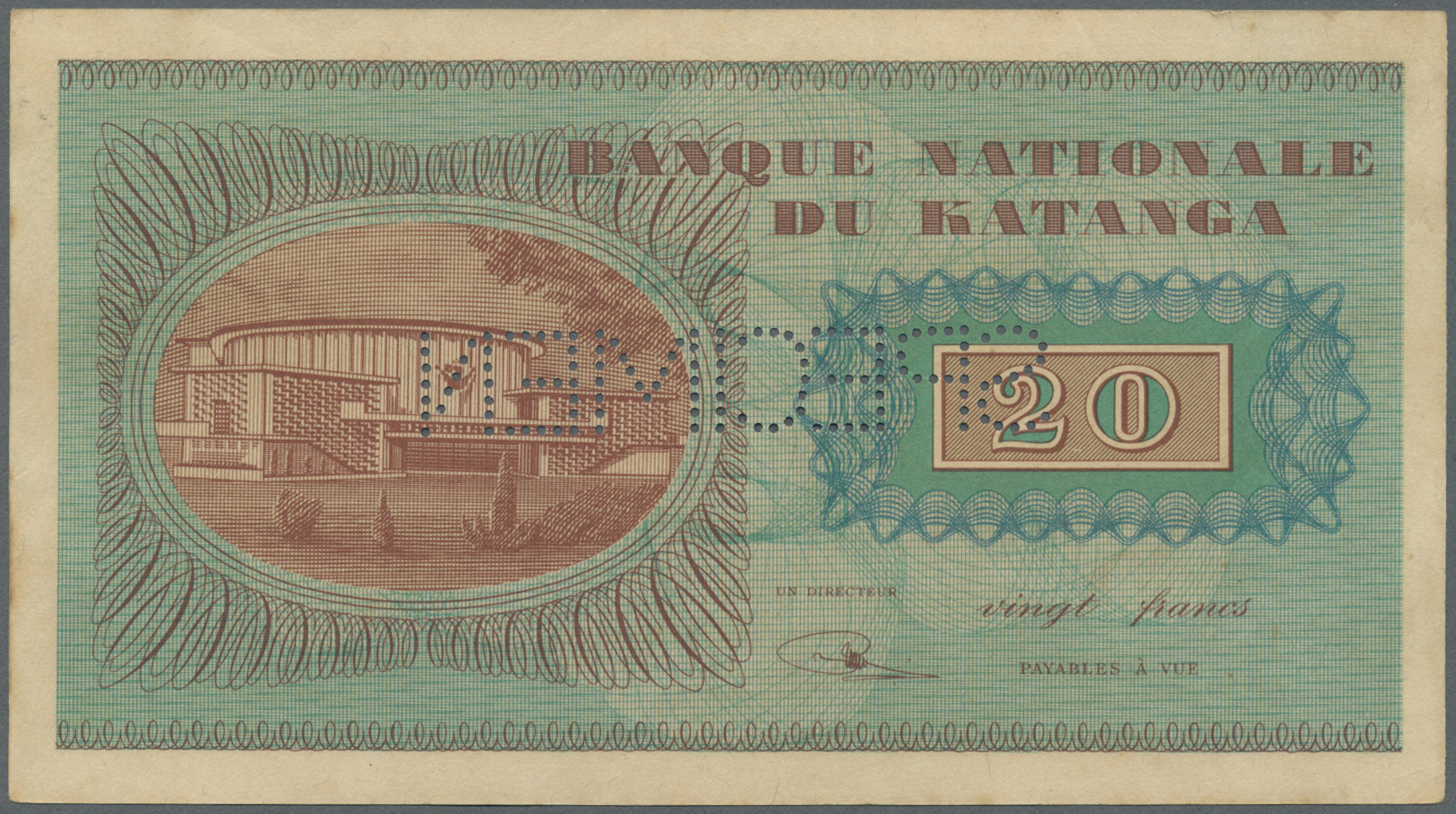 01330 Katanga: 20 Francs 1960 Specimen P. 6s With Regular Serial Number ZZ Prefix, In Condition: AUNC. - Other - Africa